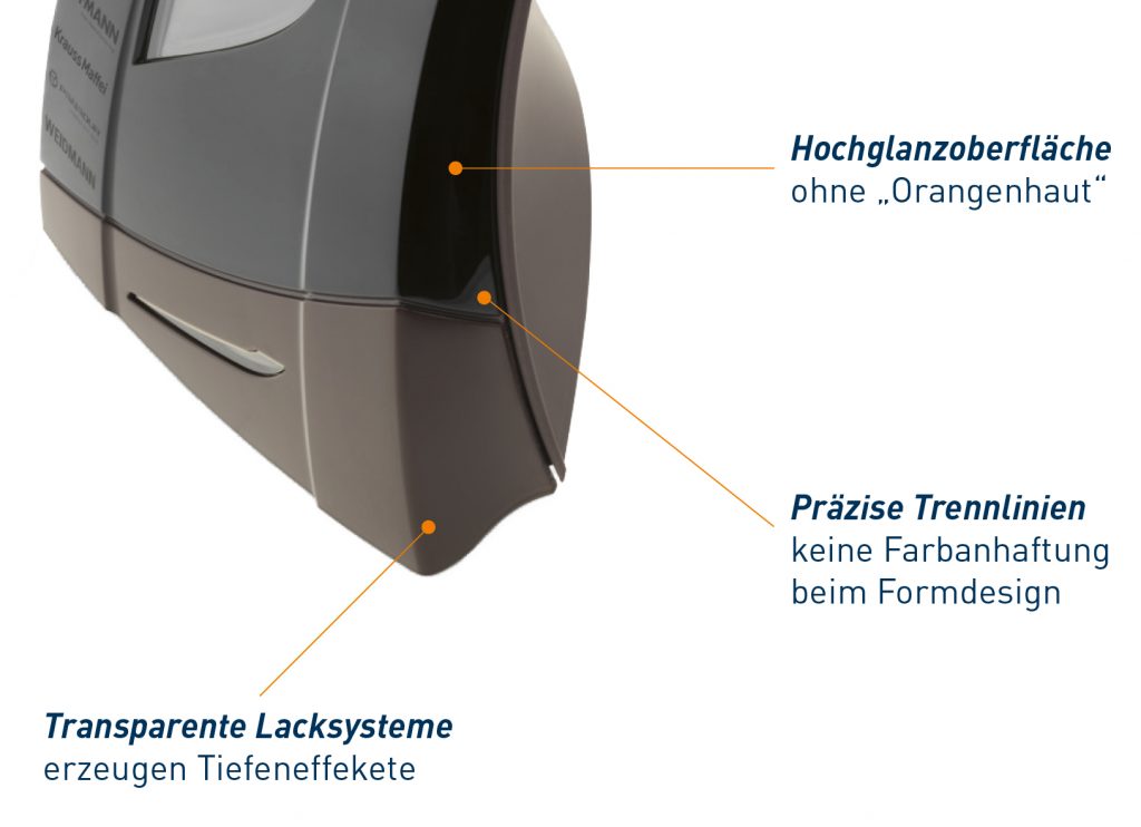 A close-up of a sleek, modern object created durch Spritzgießen mit Hochglanzoberfläche ohne „Orangenhaut“. Drei Textlabels heben präzise Trennlinien und transparente Lacksysteme für besondere Tiefeneffekte hervor.