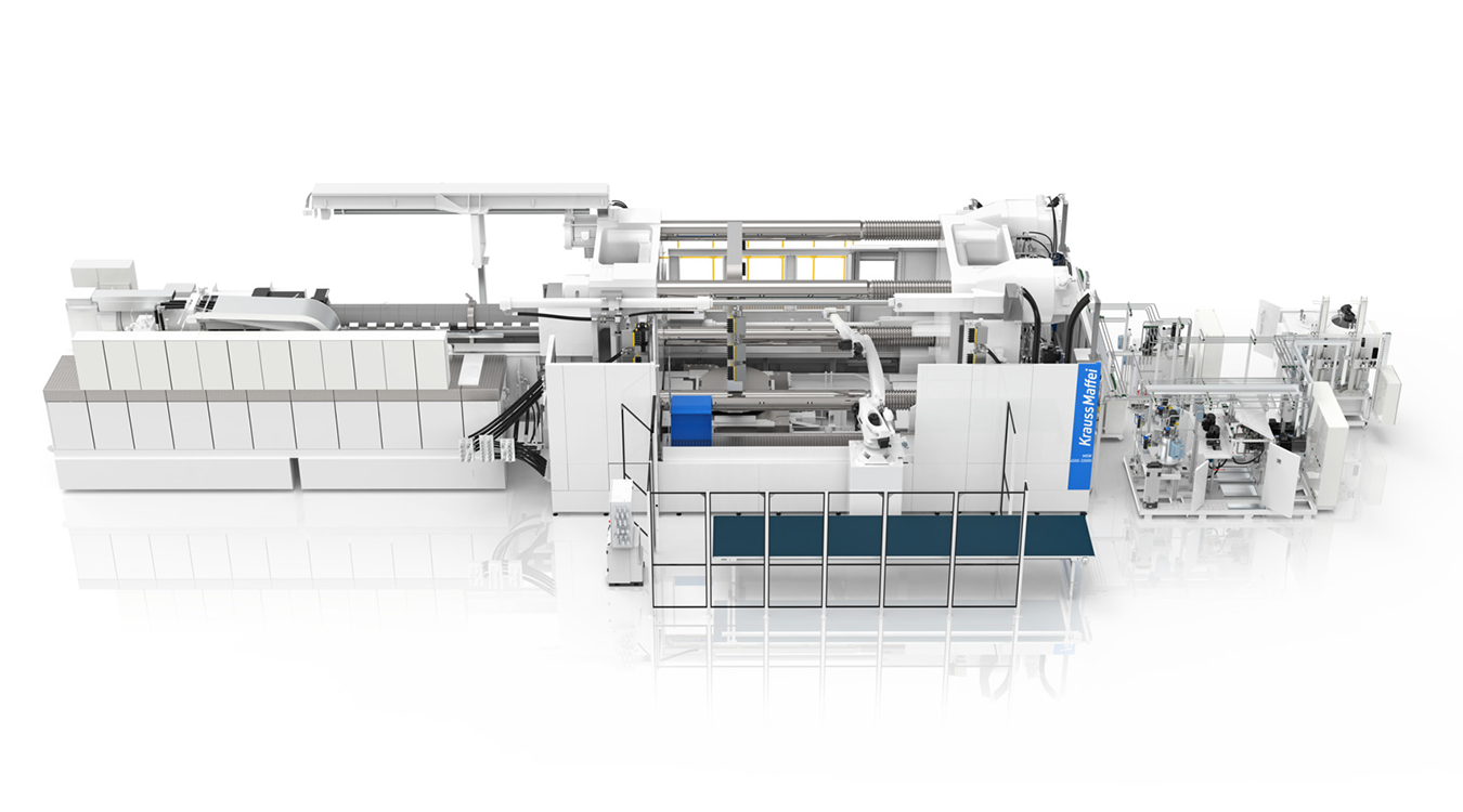 Eine große, weiße Industriemaschine mit verschiedenen Fächern, Förderbändern, Roboterarmen und transparenten Bereichen. Die Maschine trägt ein blaues Krones-Zeichen und ist für die automatisierte Produktion von Getränken oder Verpackungen vor einem weißen Hintergrund konzipiert.